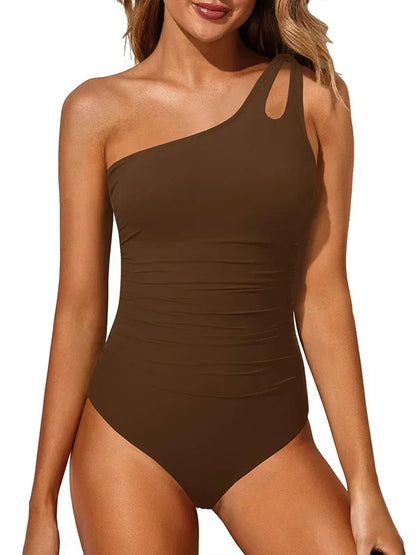 Women's one-shoulder ruched one-piece swimsuit with asymmetric neckline and shoulder cutout