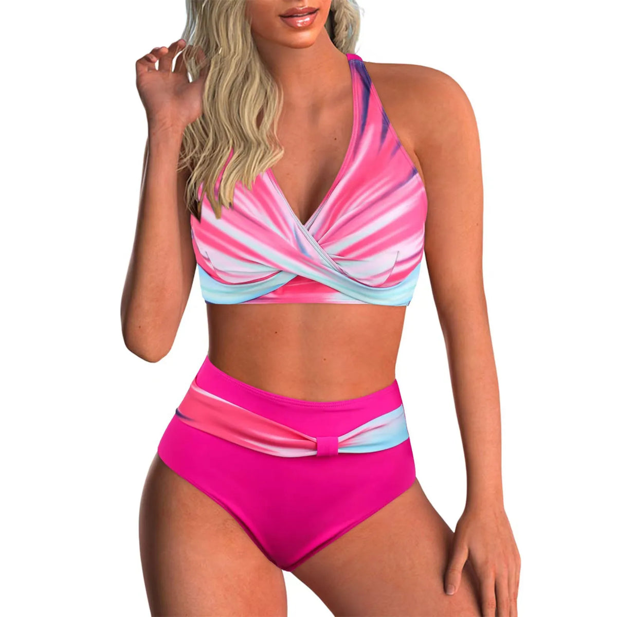 Women's printed wrap-front bikini set with high-waisted briefs