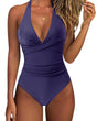 Women's ruched one-piece swimsuit with plunge V-neck and halter straps