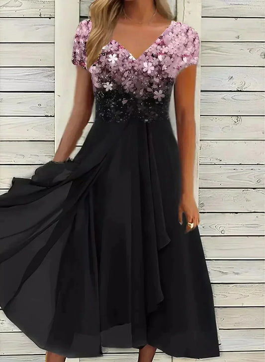 Women's floral V-neck maxi dress with short sleeves and flared skirt