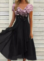 Women's floral V-neck maxi dress with short sleeves and flared skirt