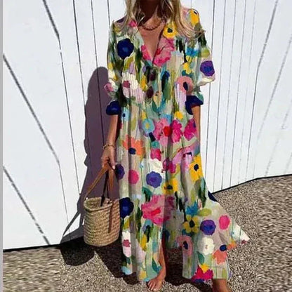 Women's multicoloured floral boho maxi dress with V-neck and 3/4 sleeves