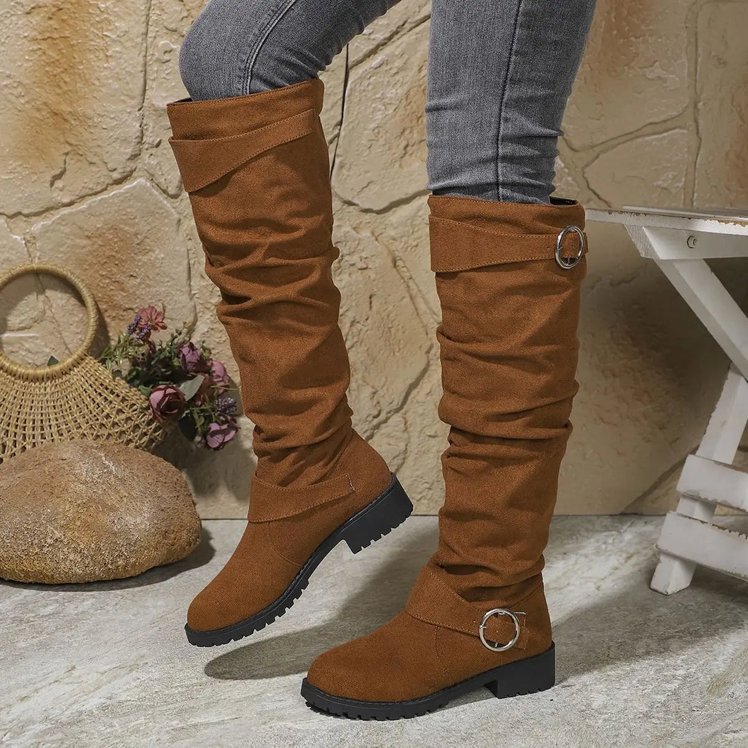 Women's Comfort Buckle-Strap Flat-Sole Knee-High Boots — Everyday
