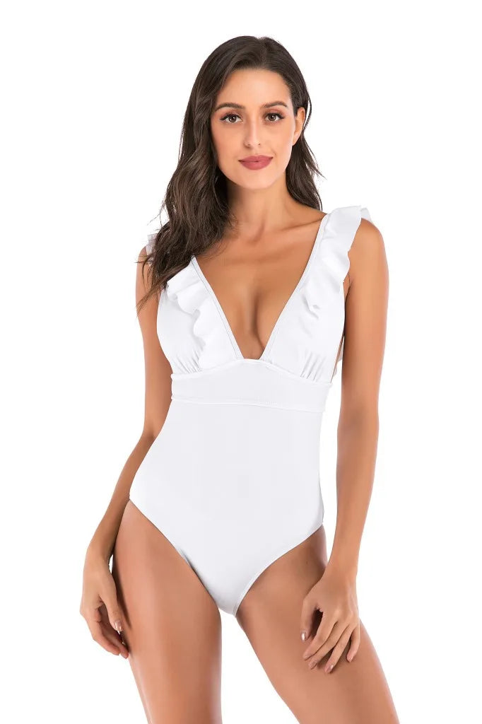 Women's ruffled V-neck one-piece swimsuit with ribbed texture