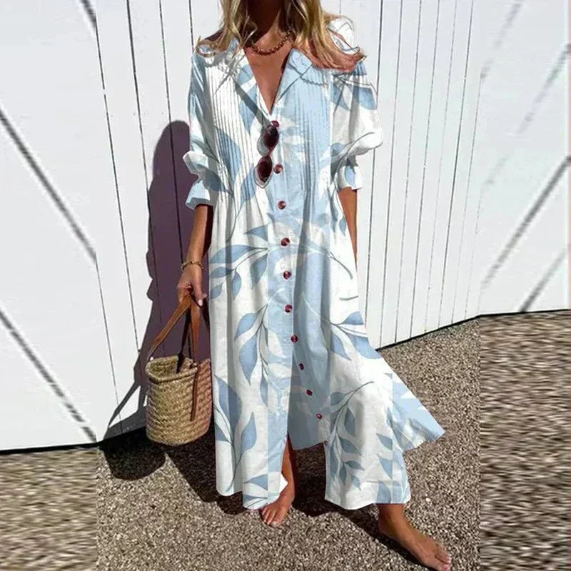 Women's multicoloured floral boho maxi dress with V-neck and 3/4 sleeves