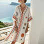 Women's geometric kaftan midi dress with V-neck and short sleeves