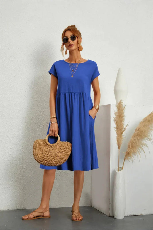 Women's plain gathered midi dress with cap sleeves and side pockets