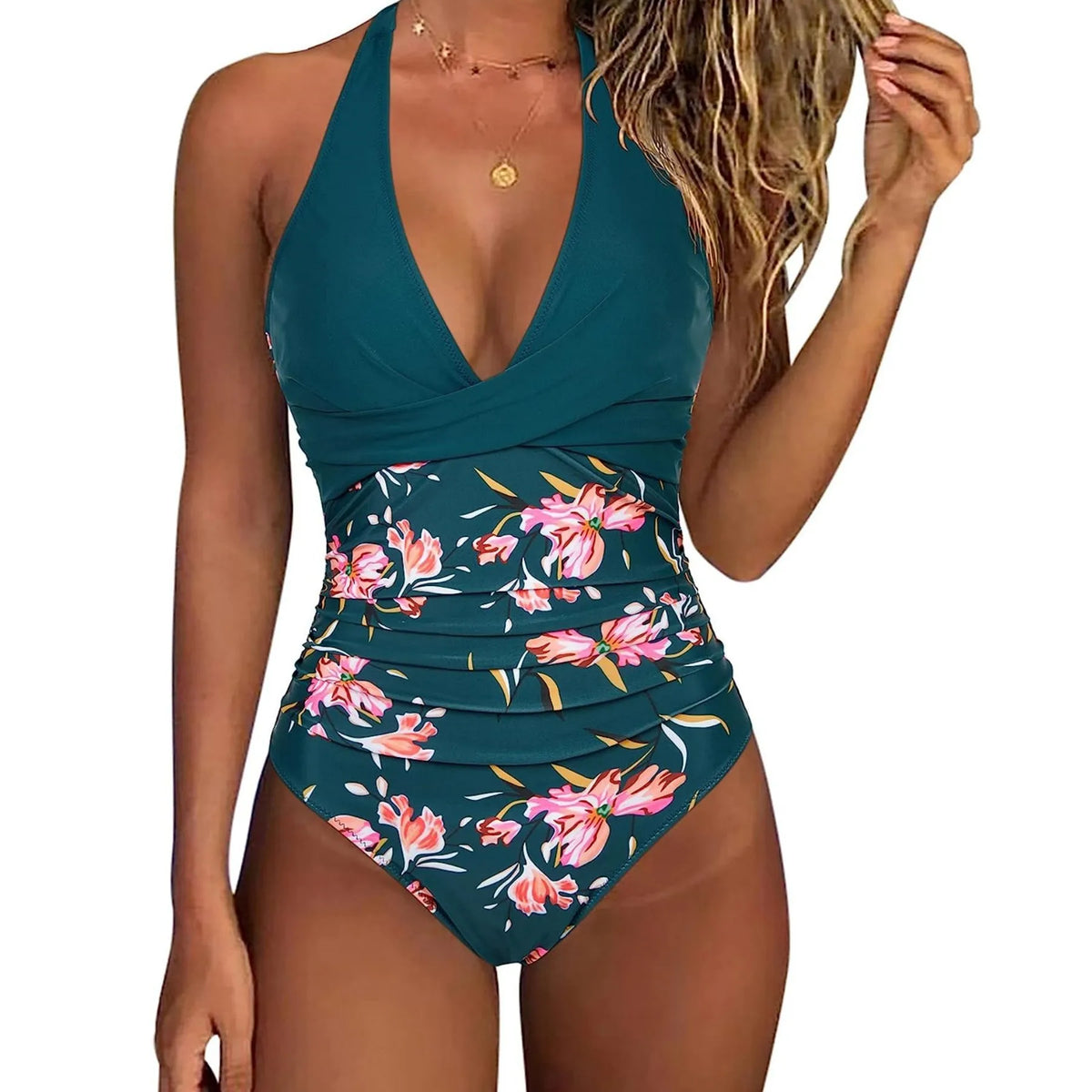 Women's ruched one-piece swimsuit with plunge V-neck and halter straps