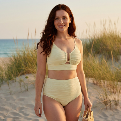 Women's textured bikini with V-neck top, centre clasp and high-waisted briefs