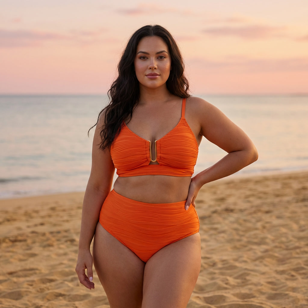 Women's textured bikini with V-neck top, centre clasp and high-waisted briefs