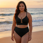 Women's textured bikini with V-neck top, centre clasp and high-waisted briefs