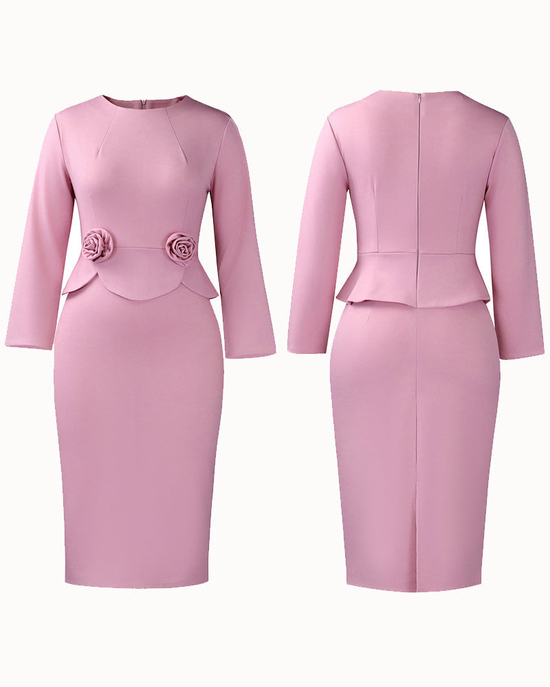 Women's fitted midi pencil dress with long sleeves, round neckline and sculptural waist details