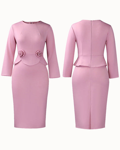 Women's fitted midi pencil dress with long sleeves, round neckline and sculptural waist details