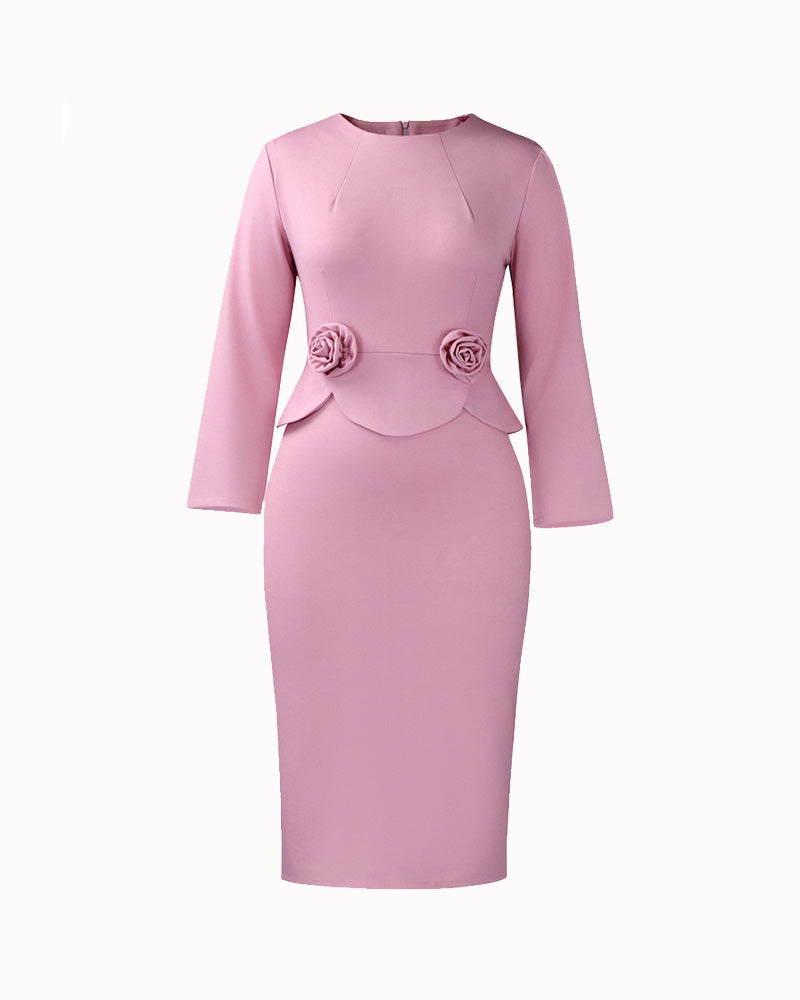 Women's fitted midi pencil dress with long sleeves, round neckline and sculptural waist details
