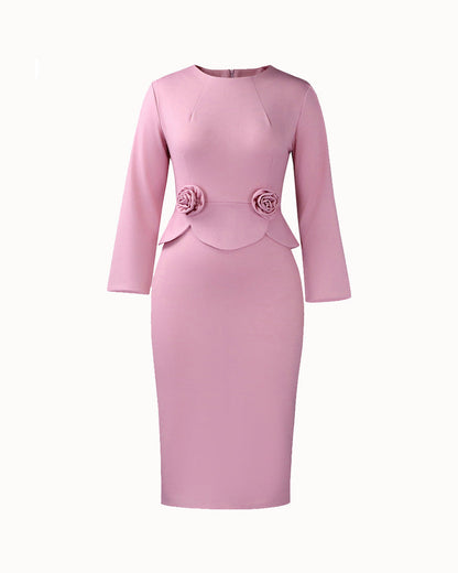 Women's fitted midi pencil dress with long sleeves, round neckline and sculptural waist details