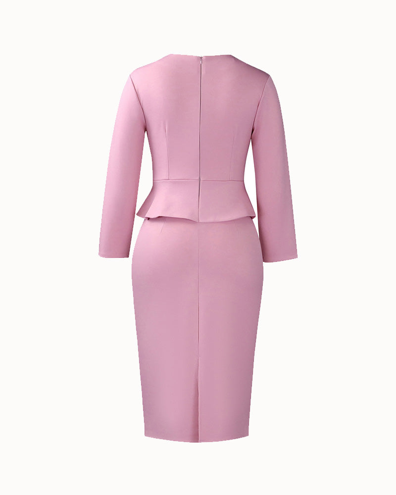 Women's fitted midi pencil dress with long sleeves, round neckline and sculptural waist details