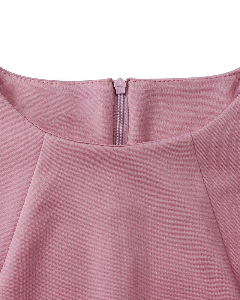 Women's fitted midi pencil dress with long sleeves, round neckline and sculptural waist details