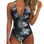 Women's ruched one-piece swimsuit with plunge V-neck and halter straps