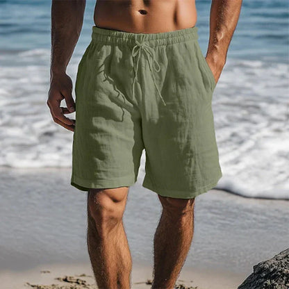 Men's knee-length swim shorts with elasticated drawstring waist and side pockets