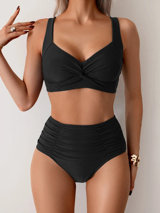 Women's ruched bikini set with twisted V-neck top and high-waisted briefs