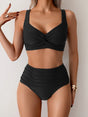 Women's ruched bikini set with twisted V-neck top and high-waisted briefs