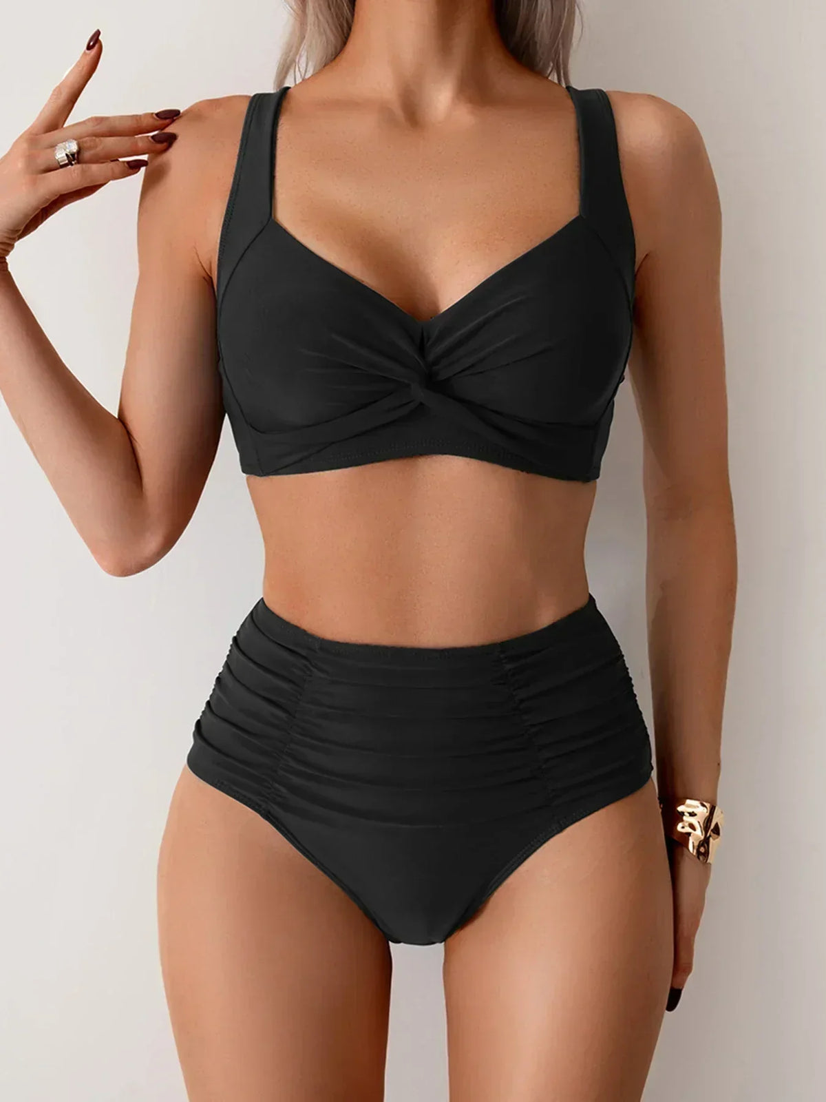 Women's ruched bikini set with square-neck top and high-waisted briefs