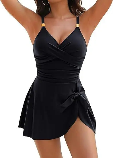 Women's V-neck swim dress with ruched bodice and side tie skirt
