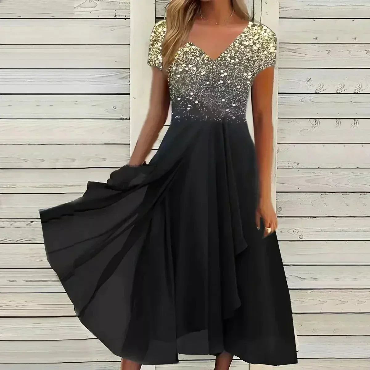 Women's floral V-neck maxi dress with short sleeves and flared skirt