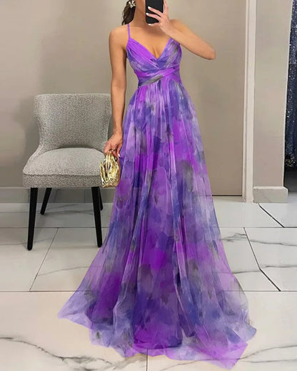 Women's multicoloured floral wrap maxi dress with V-neckline and spaghetti straps
