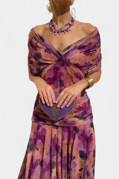 Women's floral wrap maxi dress with V-neckline and off-shoulder sleeves