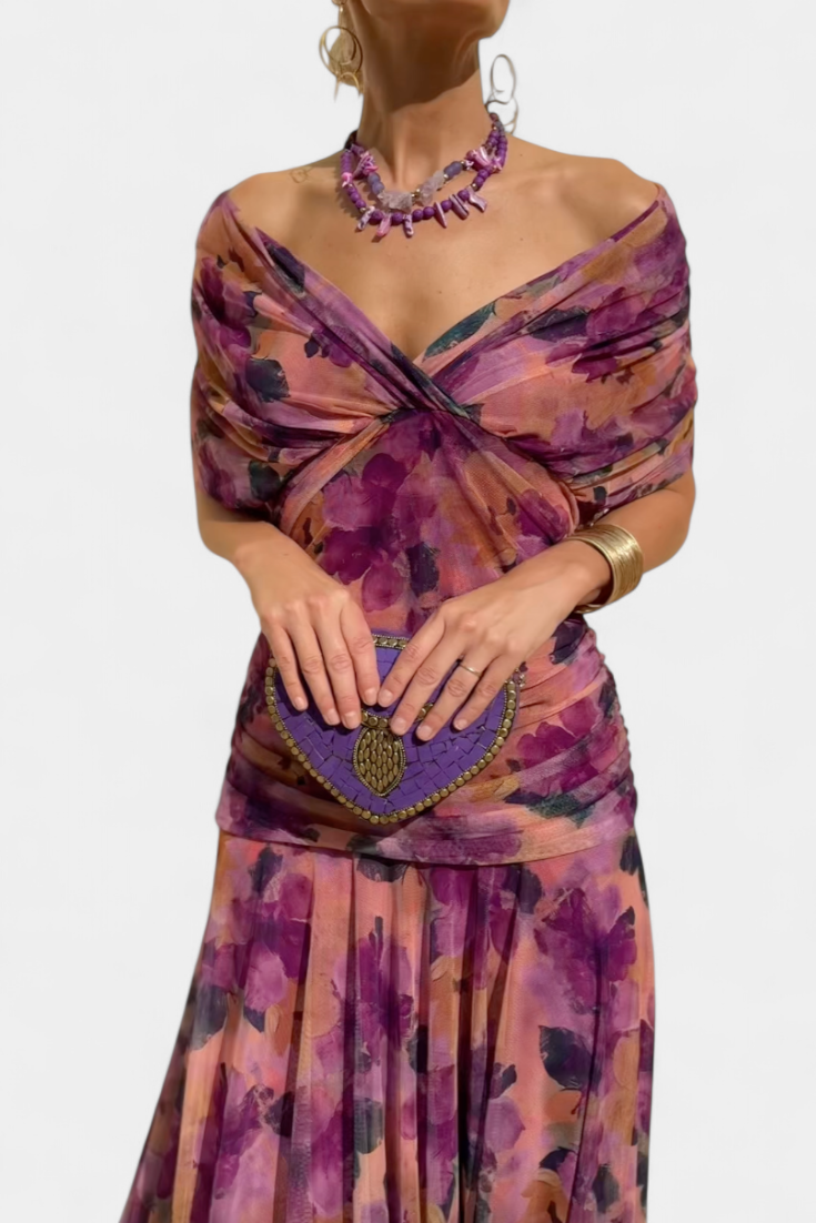 Women's floral off-shoulder maxi dress with draped wrap bodice