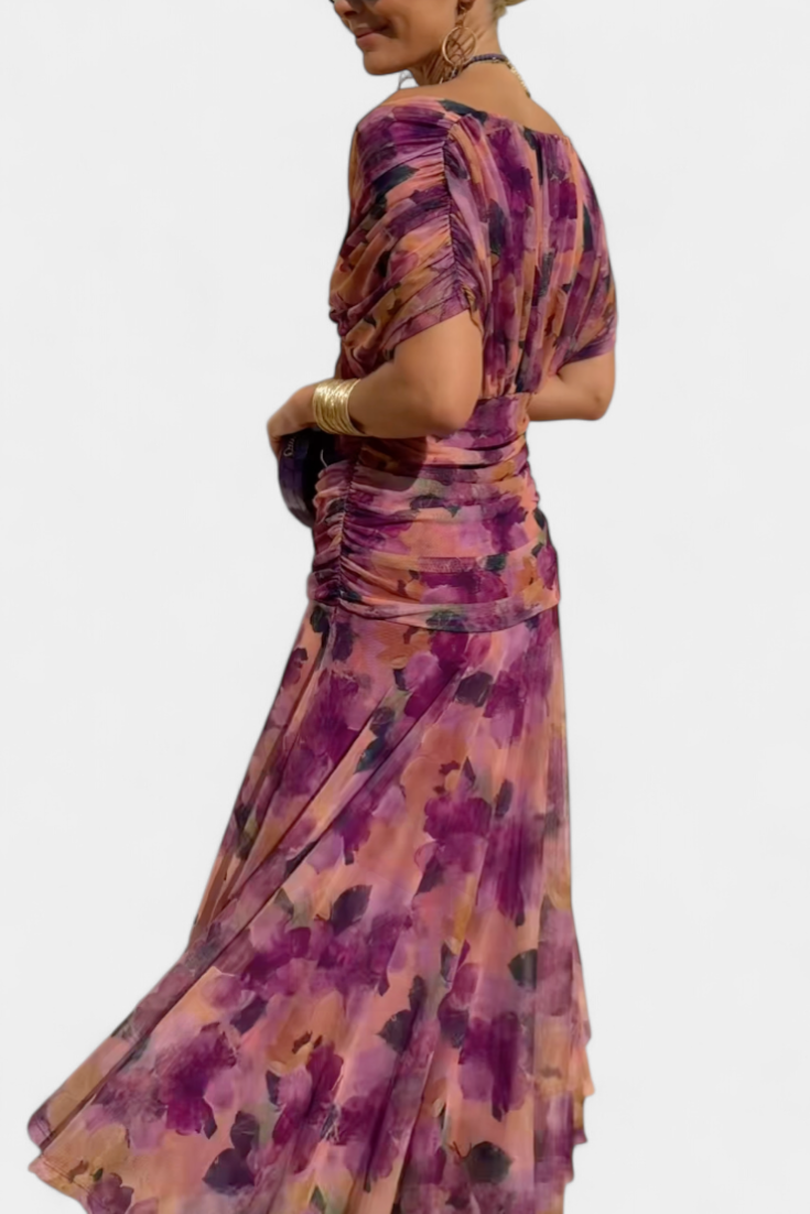 Women's floral wrap maxi dress with V-neckline and off-shoulder sleeves
