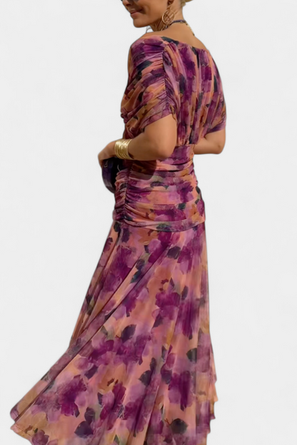 Women's floral wrap maxi dress with V-neckline and off-shoulder sleeves