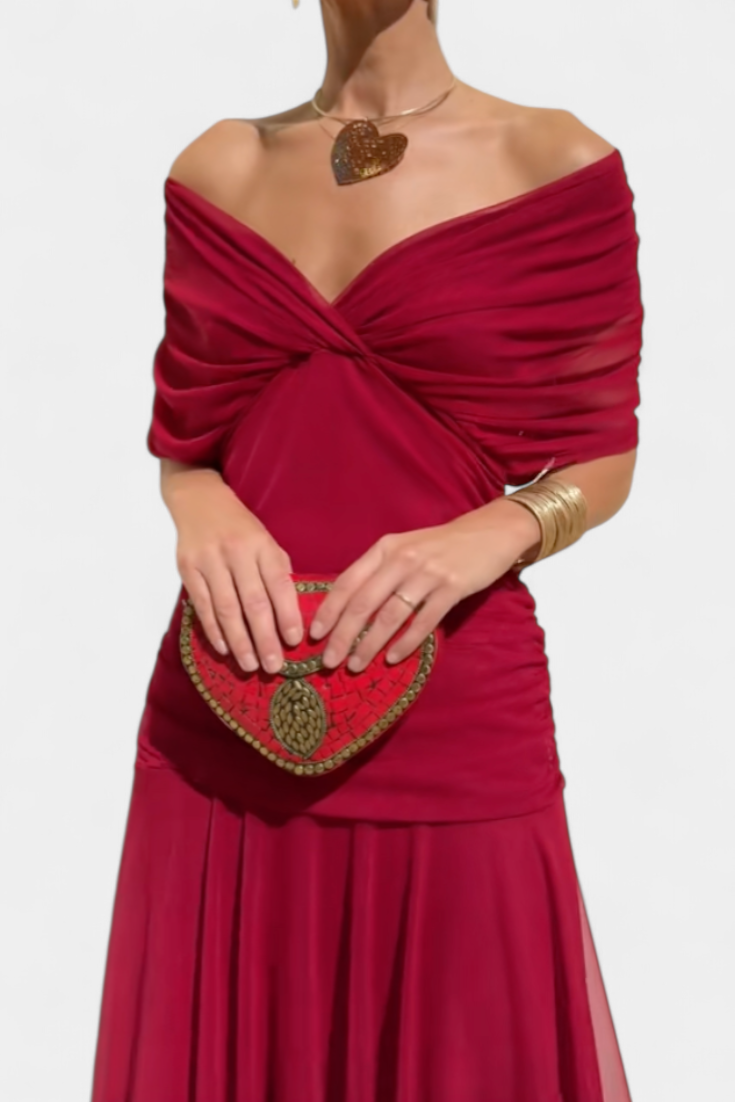 Women's floral off-shoulder maxi dress with draped wrap bodice