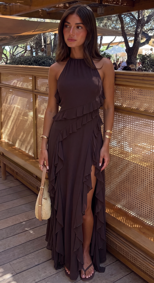 Women's brown halter maxi dress with layered ruffles and side slit