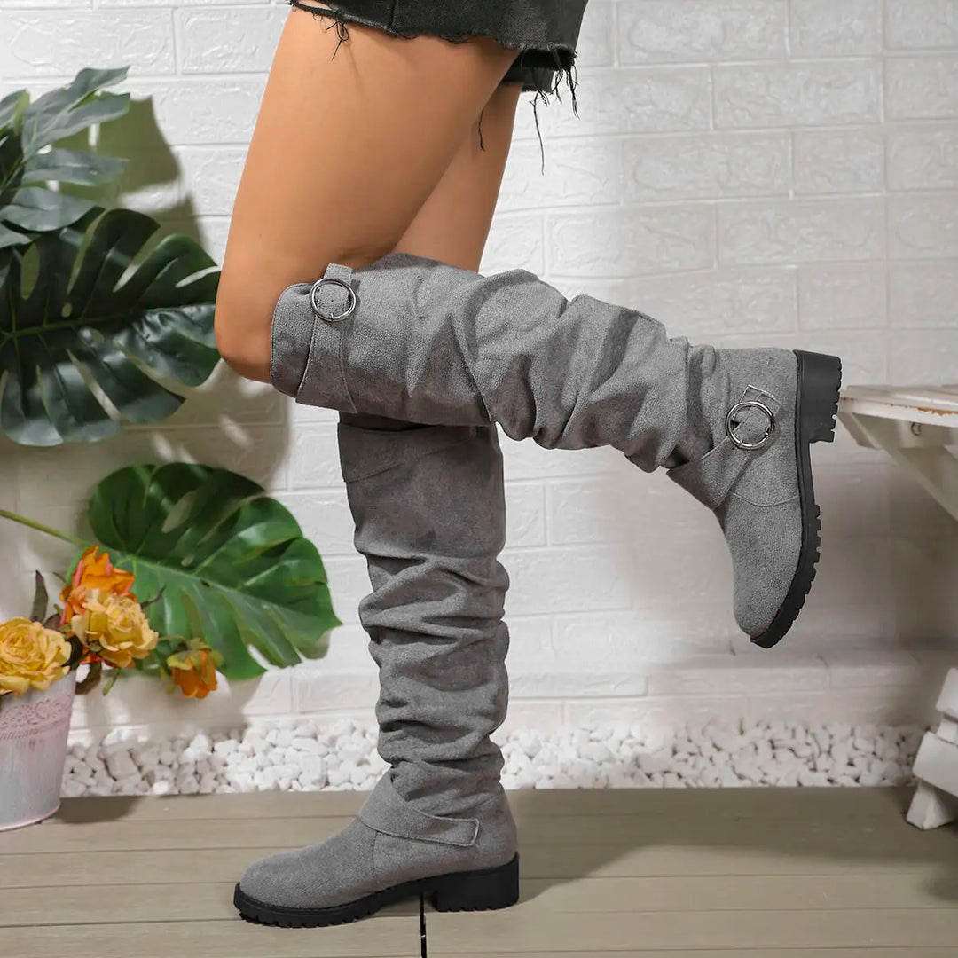 Women's Comfort Buckle-Strap Flat-Sole Knee-High Boots — Everyday