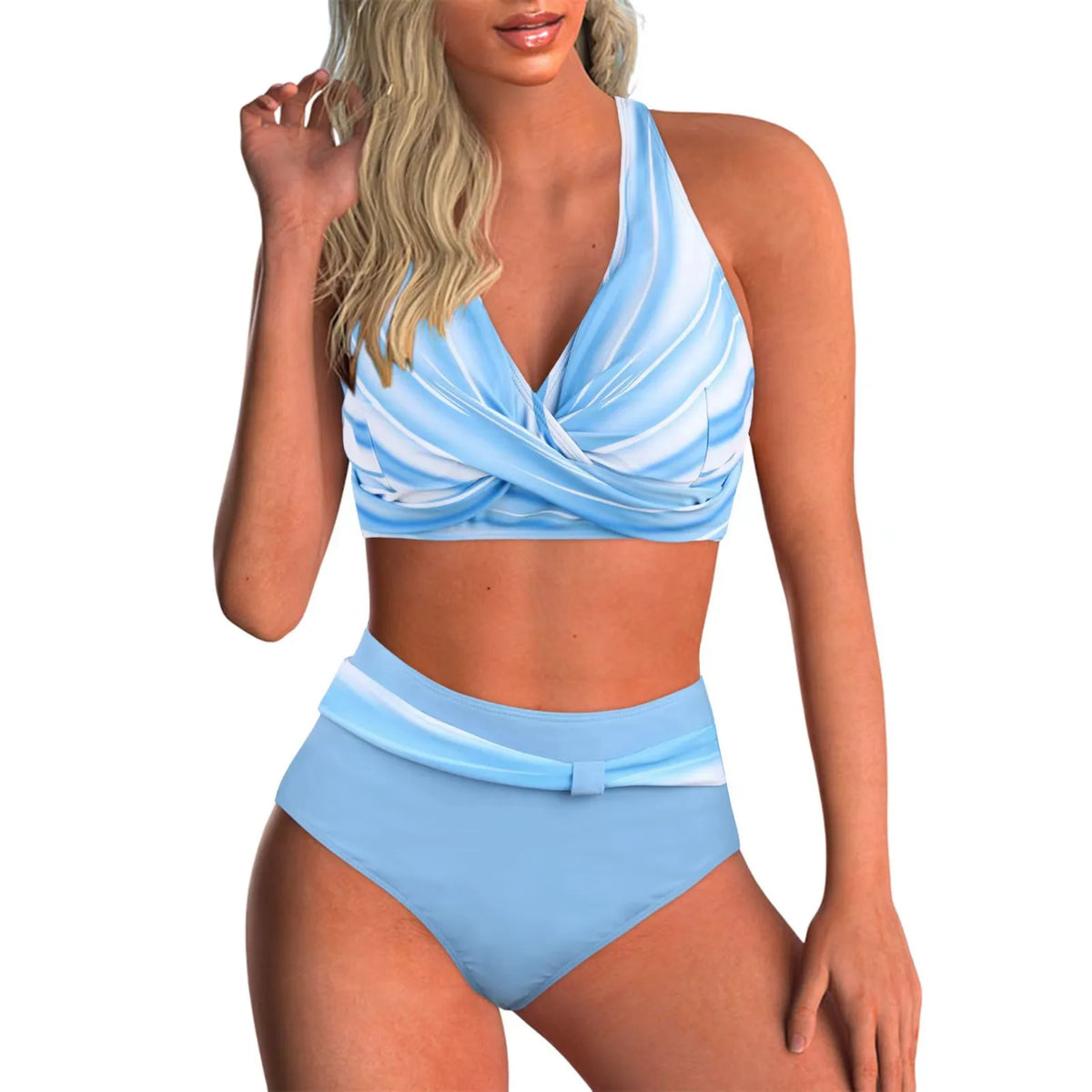 Women's printed wrap-front bikini set with high-waisted briefs