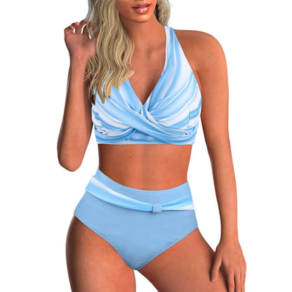 Women's printed wrap-front bikini set with high-waisted briefs