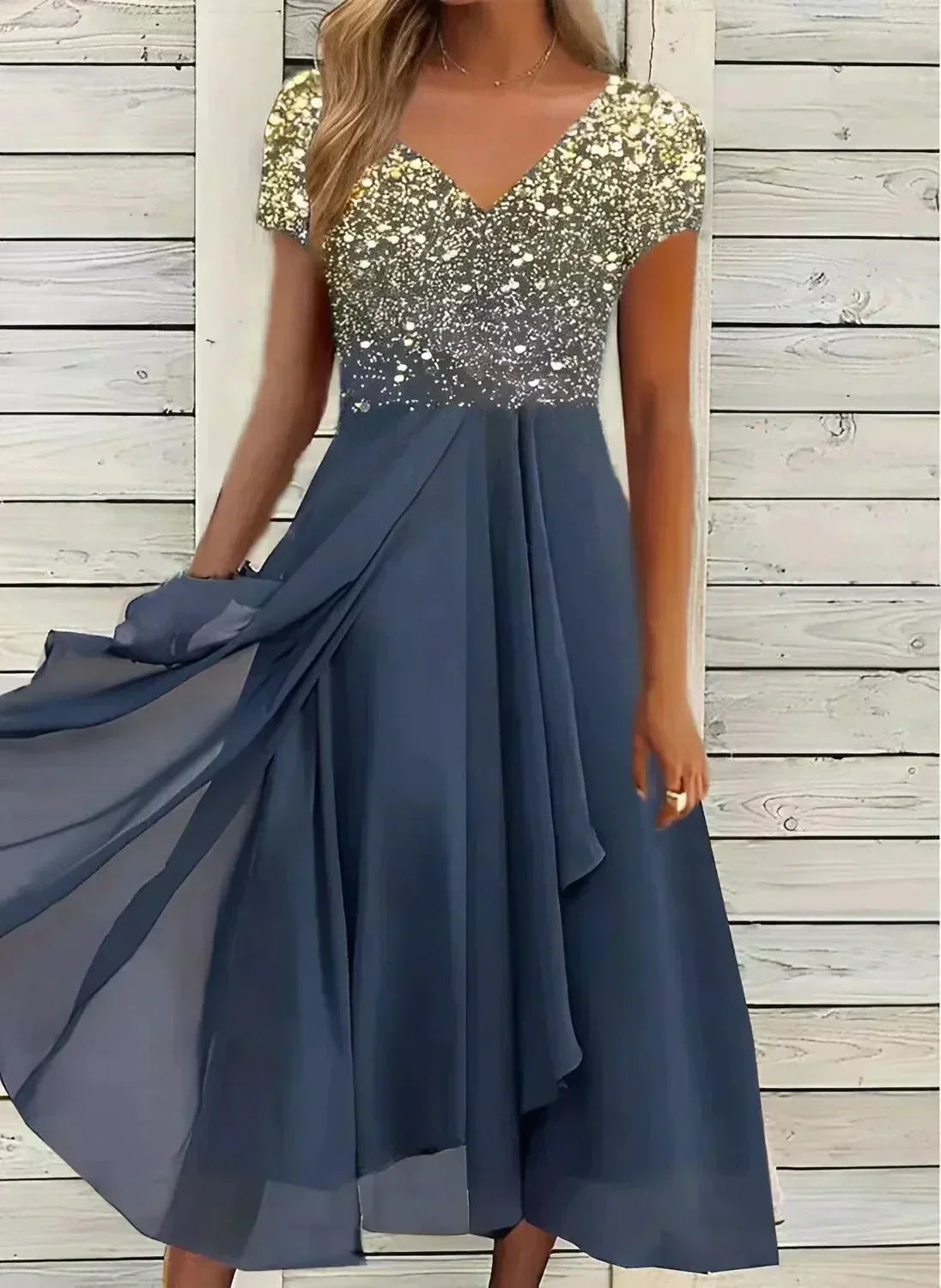 Women's floral V-neck maxi dress with short sleeves and flared skirt