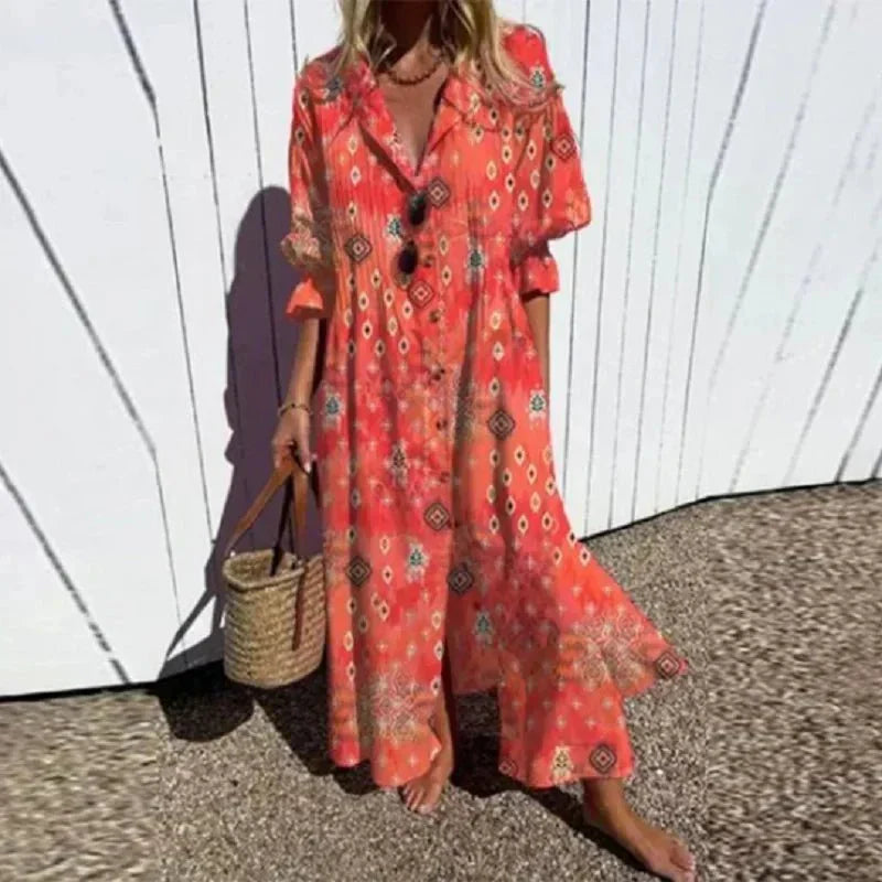 Women's multicoloured floral boho maxi dress with V-neck and 3/4 sleeves
