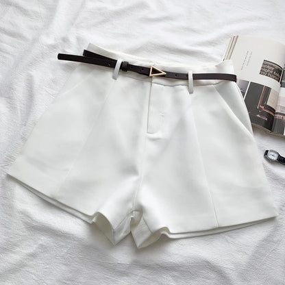 Women's high-waisted tailored shorts with a belt and triangular buckle