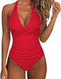 Women's ruched one-piece swimsuit with plunge V-neck and halter straps