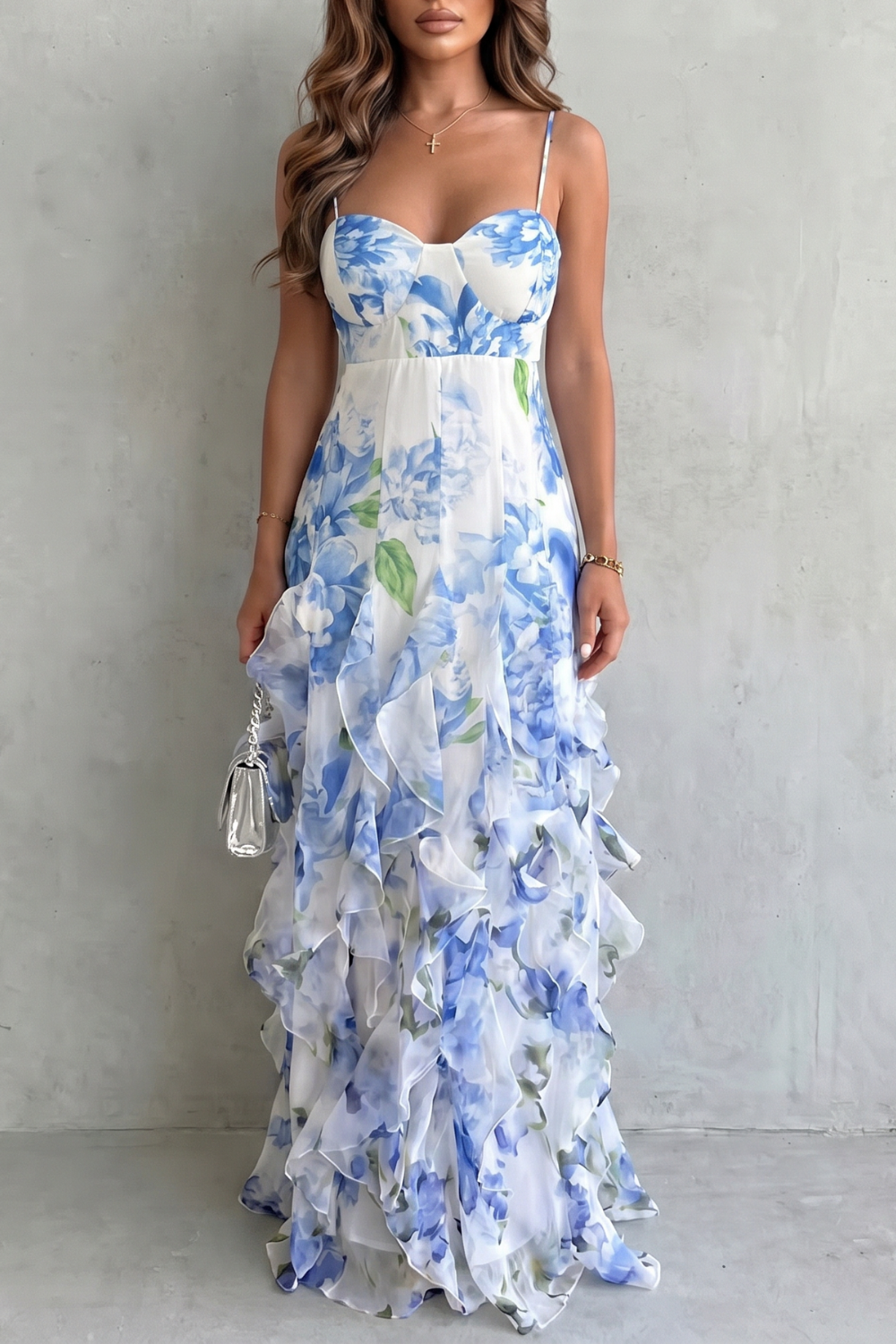 Blue floral maxi dress with sweetheart neckline and layered ruffled skirt