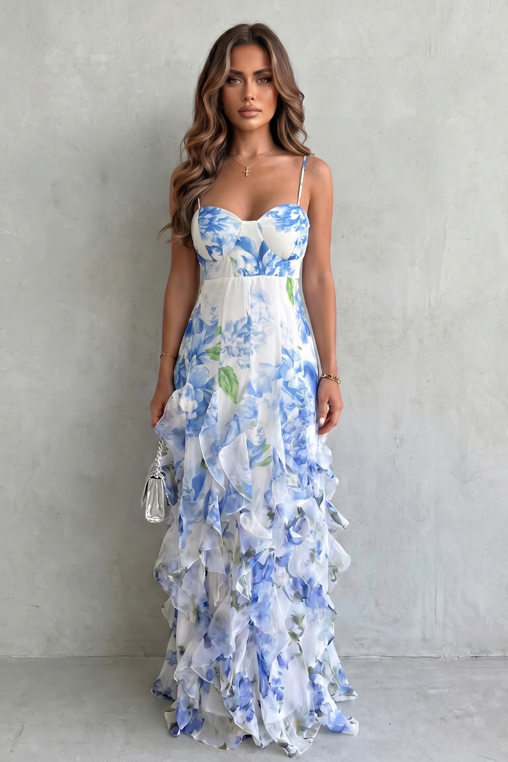 Blue floral maxi dress with sweetheart neckline and layered ruffled skirt