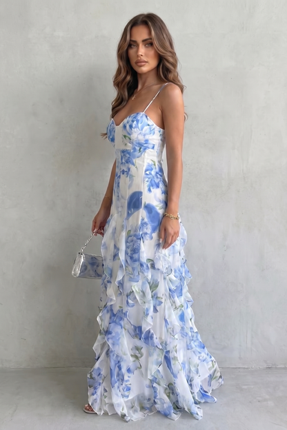 Blue floral maxi dress with sweetheart neckline and layered ruffled skirt