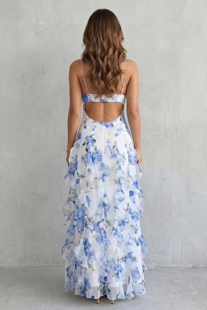 Blue floral maxi dress with sweetheart neckline and layered ruffled skirt