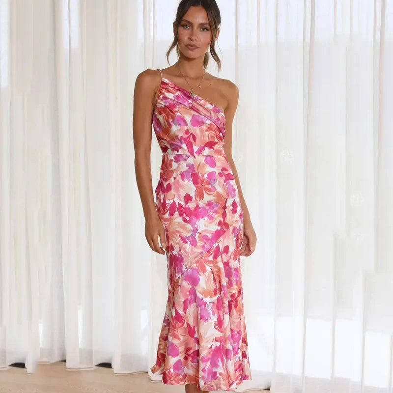 Women's pink floral asymmetric one-shoulder midi dress with flared hem