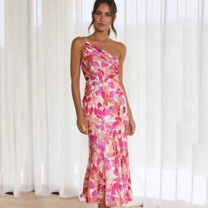 Women's pink floral asymmetric one-shoulder midi dress with flared hem