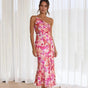 Women's pink floral asymmetric one-shoulder midi dress with flared hem