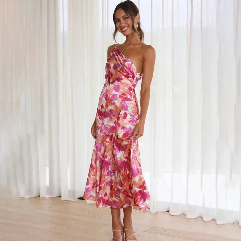 Women's pink floral asymmetric one-shoulder midi dress with flared hem